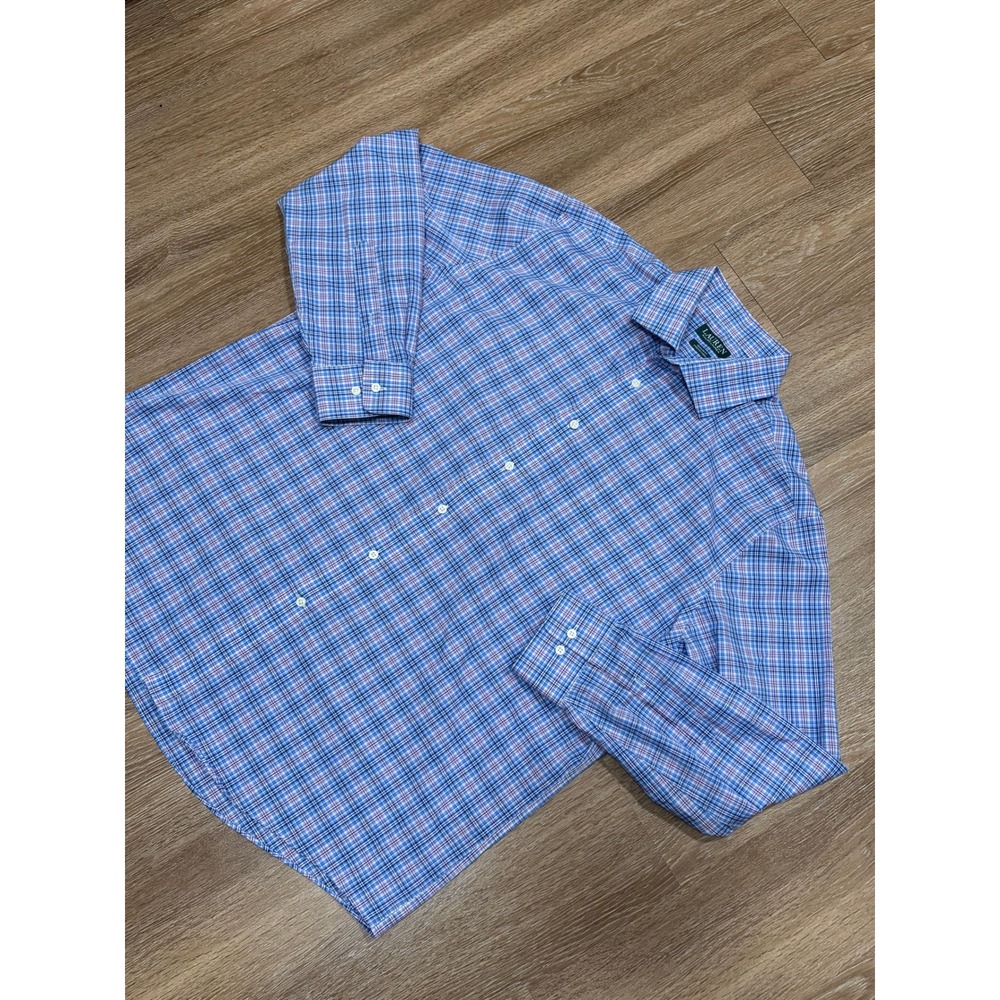 Lauren Ralph Lauren Mens XL Blue Purple Plaid Regular Fit Stretch Dress Shirt